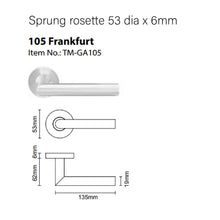 Load image into Gallery viewer, TM-GA105-32D GA Serius 105 Frankfurt lever handle in satin stainless steel with sprung rosette 53 dia x 6mm