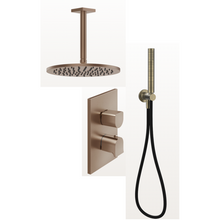 Load image into Gallery viewer, 59152.708 ceiling-mounted adjustable and antilimestone showerhead, 59134.708+09269 hermostatic mixer, two-way diverter in 708 Copper Brushed PVD, 58123.713 shower set in antique brass PVD