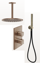 Load image into Gallery viewer, 59152.708 ceiling-mounted adjustable and antilimestone showerhead, 59134.708+09269 hermostatic mixer, two-way diverter in 708 Copper Brushed PVD, 58123.713 shower set in antique brass PVD