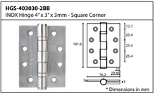 Load image into Gallery viewer, HGS-403030-2BB-32D Euro Butt Hinge with 2 Ball Bearing, SS304, with wood screws, Certifire/CE Marking, EN1935 Grade 13, EN1634-1 4HR Fire Rated; 4.0"x 3.0"x 3.0mm Finish: Satin Stainless Steel
