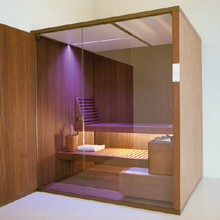 Load image into Gallery viewer, Effegibi Bodylove S Left-hand corner, interior in Heat-treated wood, outside wall in Smooth heat-treated wood 200 x 176 x 220cm including mood light, sound system ESS, Thermo-hydrometer, Headrest / backrest and Floor platforms