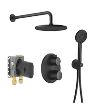 Load image into Gallery viewer, 36426970-33 thermostat with two function volume control with 3542597090 concealed part, 28649831-69 wall mounted rain shower & 27803831-69 Hand shower set in Soft Black