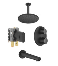 Load image into Gallery viewer, 36426970-33 thermostat with two function volume control with 3542597090 concealed part, 28669831-69 wall mounted rain shower & 13801831-69 Bath spout in Soft Black