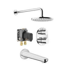 Load image into Gallery viewer, 36426831-00 thermostat with two function volume control with 3542497090 concealed part, 28649831-00 wall mounted rain shower & 13801831-00 bath spout in Chrome