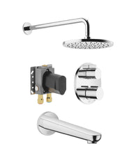 Load image into Gallery viewer, 36426831-00 thermostat with two function volume control with 3542497090 concealed part, 28649831-00 wall mounted rain shower & 13801831-00 bath spout in Chrome