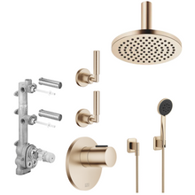 Load image into Gallery viewer, 36503979-46 + 3552697090 Thermostatic 2-way Mixer, 2x 36607882-46 wall valves, 28669970-46 ceiling shower, 27803845-46 hand shower set in Brushed Champagne