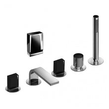 Load image into Gallery viewer, Venezia 2902c965s
Decked Mounted Bath Mixer in Chrome with Handshower and With 2902n448c5
Handle Made Of Murano Glass in Black and Chrome