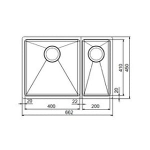 BXX260-4002E SBL (127.0546.206) Box stainless steel fabricated double sink bowl with waste