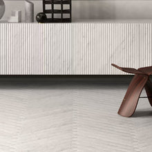 Load image into Gallery viewer, Bianco Carrara Stone Walls &amp; Floors tiles in Stone Parquet, 70x600x14mm
