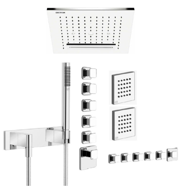 32948.238 Ceiling/suspended ceiling version with RAIN/WATERFALL/SPRAY functions in Steel Mirror, 41510.031_43109.031 Thermostatic Mixer with 5 Separate Exits, Lateral body jetsx4, 27818979-00 hand shower set in Chrome