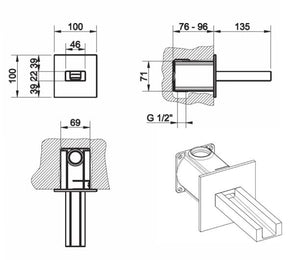 Rettangolo Cascata 30982.031 Wall Mounted Basin Spout Projection 135 mm w/30989.031 concealed parts, 20709.031+20712.031 control