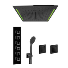 Load image into Gallery viewer, 57927.238 Colour multifunction system 500 x 500 mm in mirror steel with rainfall, waterfall and mist function, 46210.706 Thermostatic Mixer with Five Separate Exits, Lateral body jetsx2, hand shower set in Black Metal PVD
