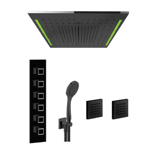 57927.238 Colour multifunction system 500 x 500 mm in mirror steel with rainfall, waterfall and mist function, 46210.706 Thermostatic Mixer with Five Separate Exits, Lateral body jetsx2, hand shower set in Black Metal PVD