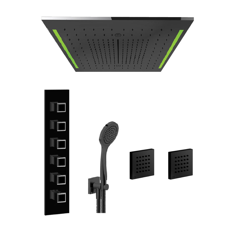57927.238 Colour multifunction system 500 x 500 mm in mirror steel with rainfall, waterfall and mist function, 46210.706 Thermostatic Mixer with Five Separate Exits, Lateral body jetsx2, hand shower set in Black Metal PVD