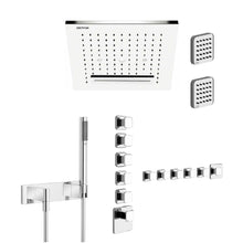 Load image into Gallery viewer, 32948.238 Ceiling/suspended ceiling version with RAIN/WATERFALL/SPRAY functions in Steel Mirror, 41510.031_43109.031 Thermostatic Mixer with 5 Separate Exits, Lateral body jetsx2, 27818979-00 hand shower set in Chrome
