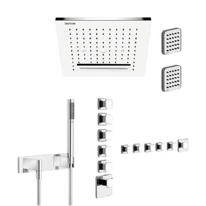32948.238 Ceiling/suspended ceiling version with RAIN/WATERFALL/SPRAY functions in Steel Mirror, 41510.031_43109.031 Thermostatic Mixer with 5 Separate Exits, Lateral body jetsx2, 27818979-00 hand shower set in Chrome