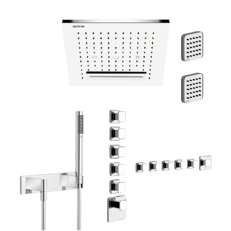 32948.238 Ceiling/suspended ceiling version with RAIN/WATERFALL/SPRAY functions in Steel Mirror, 41510.031_43109.031 Thermostatic Mixer with 5 Separate Exits, Lateral body jetsx2, 27818979-00 hand shower set in Chrome