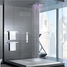 Load image into Gallery viewer, 32948.238 Ceiling/suspended ceiling version with RAIN/WATERFALL/SPRAY functions in Steel Mirror, 41510.031_43109.031 Thermostatic Mixer with 5 Separate Exits, Lateral body jetsx2, 27818979-00 hand shower set in Chrome
