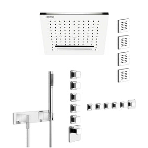 32948.238 Ceiling/suspended ceiling version with RAIN/WATERFALL/SPRAY functions in Steel Mirror, 41510.031_43109.031 Thermostatic Mixer with 5 Separate Exits, Lateral body jetsx4, 27818979-00 hand shower set in Chrome