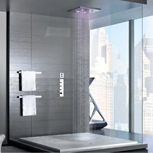 Load image into Gallery viewer, 32948.238 Ceiling/suspended ceiling version with RAIN/WATERFALL/SPRAY functions in Steel Mirror, 41510.031_43109.031 Thermostatic Mixer with 5 Separate Exits, Lateral body jetsx4, 27818979-00 hand shower set in Chrome
