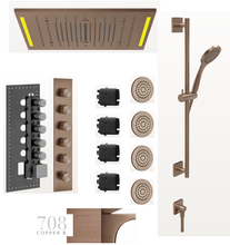 Load image into Gallery viewer, 57977.708+57927.238 Colour multifunction system 500 x 500 mm rainfall, waterfall and mist function, 54520.708+43109 Thermostatic Mixer with 5 Separate Exits, 59242+38773+54137 shower set, 32982+32985 jets x 4 in Copper Brushed PVD
