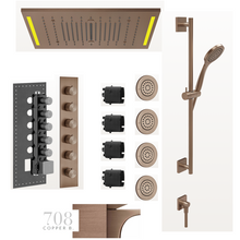 Load image into Gallery viewer, 57977.708+57927.238 Colour multifunction system 500 x 500 mm rainfall, waterfall and mist function, 54520.708+43109 Thermostatic Mixer with 5 Separate Exits, 59242+38773+54137 shower set, 32982+32985 jets x 4 in Copper Brushed PVD
