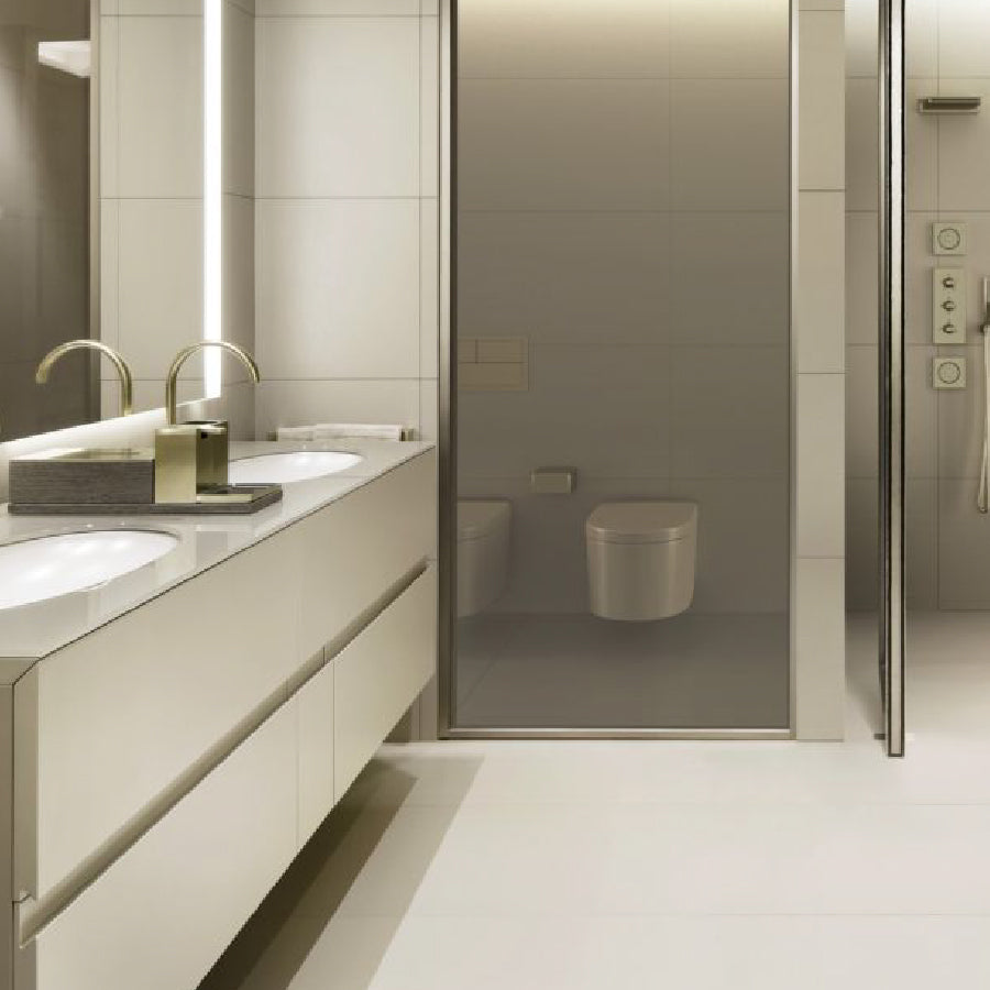 A346767R30 Wall-Mounted Toilet Bowl, A801762R34 Seat and Cover with Soft-Closing, 8900970r3 Dual Push Operating Flush in Greige & 890090400 Pro System Concealed Cistern