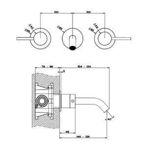54092.727 external parts of built-in three-hole basin mixer in brushed brass PVD with spout and 45089.031 built-in part