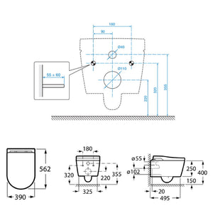 Inspira In-Wash 803060001 Vitreous China Rimless Wall Hung Smart Toilet 390 X 562 X 476 mm in White with Horizontal Outlet (Eu)
