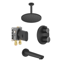Load image into Gallery viewer, 36426970-33 thermostat with two function volume control with 3542597090  concealed part, 28669831-69 wall mounted rain shower &amp; 13801831-69 Bath spout in Soft Black
