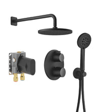 Load image into Gallery viewer, 36426970-33 thermostat with two function volume control with 3542597090  concealed part, 28649832-69 wall mounted rain shower &amp; 27803832-69 Hand shower set in Soft Black
