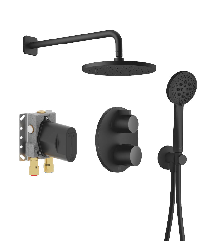 36426970-33 thermostat with two function volume control with 3542597090  concealed part, 28649832-69 wall mounted rain shower & 27803832-69 Hand shower set in Soft Black