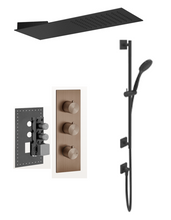 Load image into Gallery viewer, 316 54514.708 + 43103 2-way thermostatic mixer copper brushed PVD, 33061.299 wall-fixing headshower &amp; 59249.299 shower set in black XL
