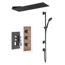 Load image into Gallery viewer, 316 54514.708 + 43103 2-way thermostatic mixer copper brushed PVD, 33061.299 wall-fixing headshower &amp; 59249.299 shower set in black XL

