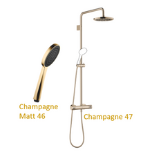 Load image into Gallery viewer, 34459979-47 wall-mounted exposed thermostatic shower column in champagne, 28014979-46 hand shower in Champagne Matt

