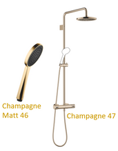 Load image into Gallery viewer, 34459979-47 wall-mounted exposed thermostatic shower column in champagne, 28014979-46 hand shower in Champagne Matt
