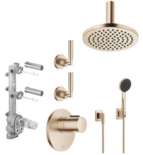 Load image into Gallery viewer, 36503979-46 + 3552697090 Thermostatic 2-way Mixer, 2x 36607882-46 wall valves, 28669970-46 ceiling shower, 27803845-46 hand shower set in Brushed Champagne
