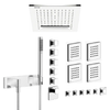32948.238 Ceiling/suspended ceiling version with RAIN/WATERFALL/SPRAY functions in Steel Mirror, 41510.031_43109.031 Thermostatic Mixer with 5 Separate Exits, Lateral body jetsx4, 27818979-00 hand shower set in Chrome