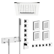 Load image into Gallery viewer, 32948.238 Ceiling/suspended ceiling version with RAIN/WATERFALL/SPRAY functions in Steel Mirror, 41510.031_43109.031 Thermostatic Mixer with 5 Separate Exits, Lateral body jetsx4, 27818979-00 hand shower set in Chrome

