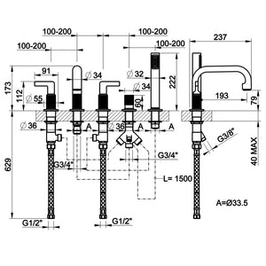 Inciso 58040.706 5-hole bath mixer with diverter in black metal