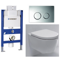 Load image into Gallery viewer, 224.158.00.1 concealed cistern, Kappa 21 115.240.KN.1 flush actuator in matt &amp; chrome,  204.070.00.0 + 574.130.00.0 iCon wall-hung WC in white
